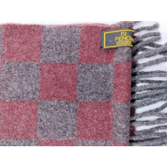 Fendi Red Grey Zucca Print Logo Fringe Wool Scarf - Picture 3 of 4